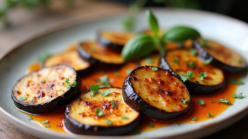 Plat d'aubergines au four avec des herbes fraîches