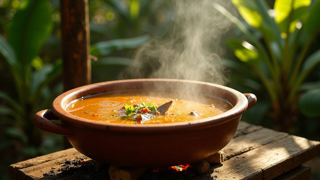 Famille guyanaise autour d'une table dressée pour Pâques avec un grand plat de bouillon d'awara