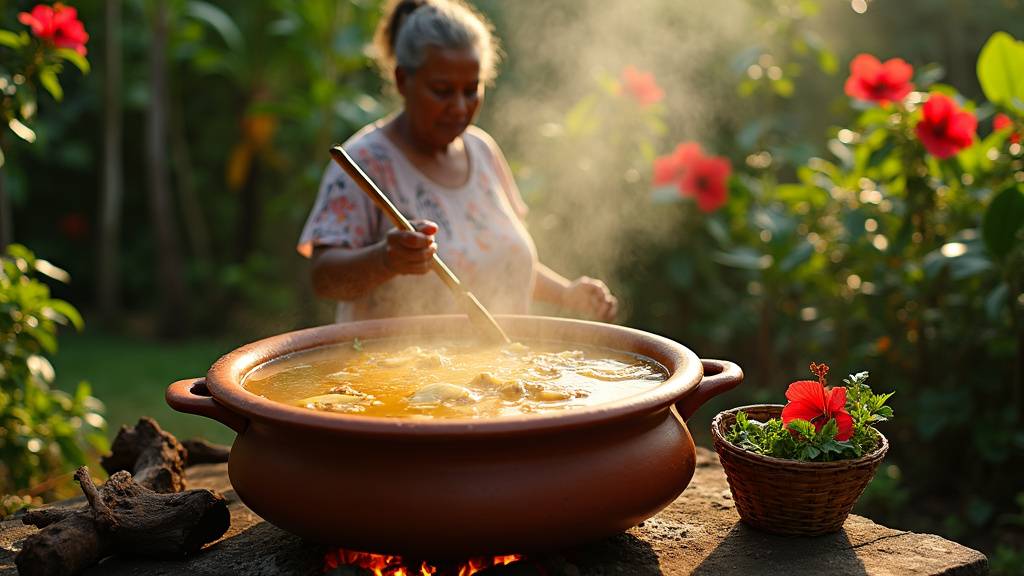 Bouillon d'awara mijotant dans une grande marmite en Guyane