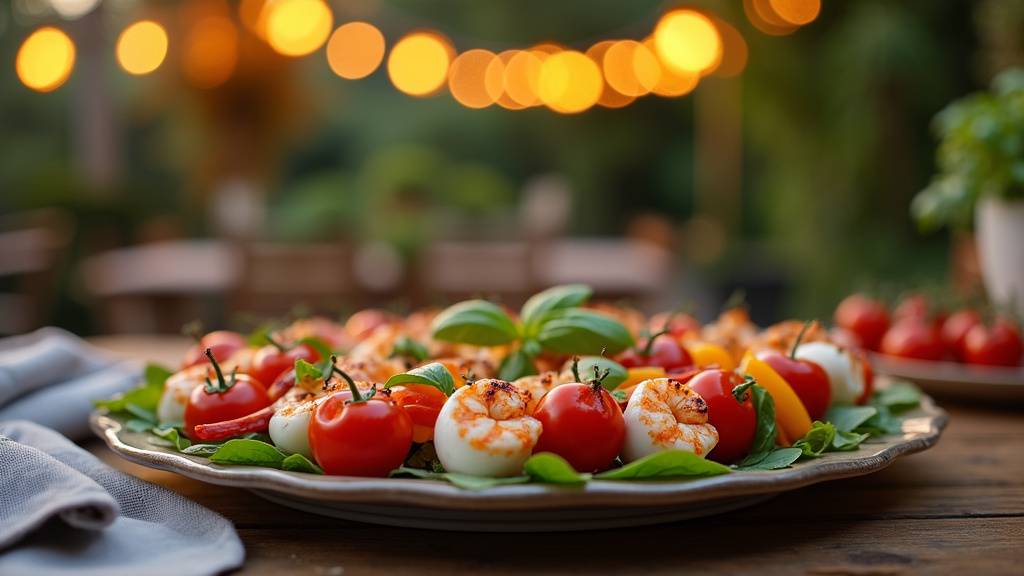 Brochettes colorées avec légumes, fromages et viandes sur plateau de service