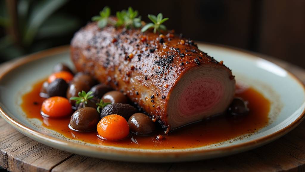 Cocotte de civet de sanglier fumant sur une table rustique