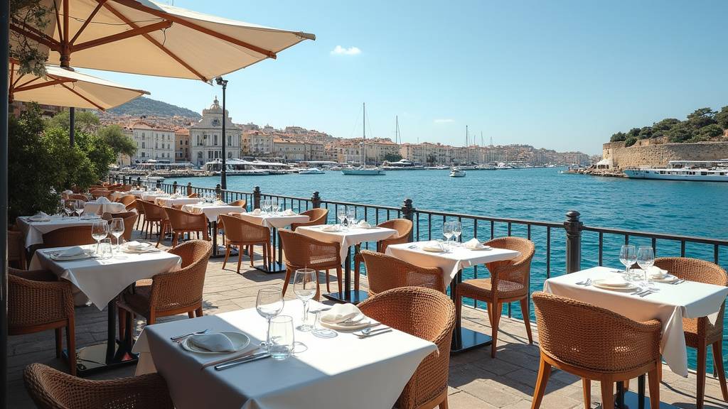 Vue panoramique des restaurants en bord de mer à Marseille avec la Méditerranée en arrière-plan