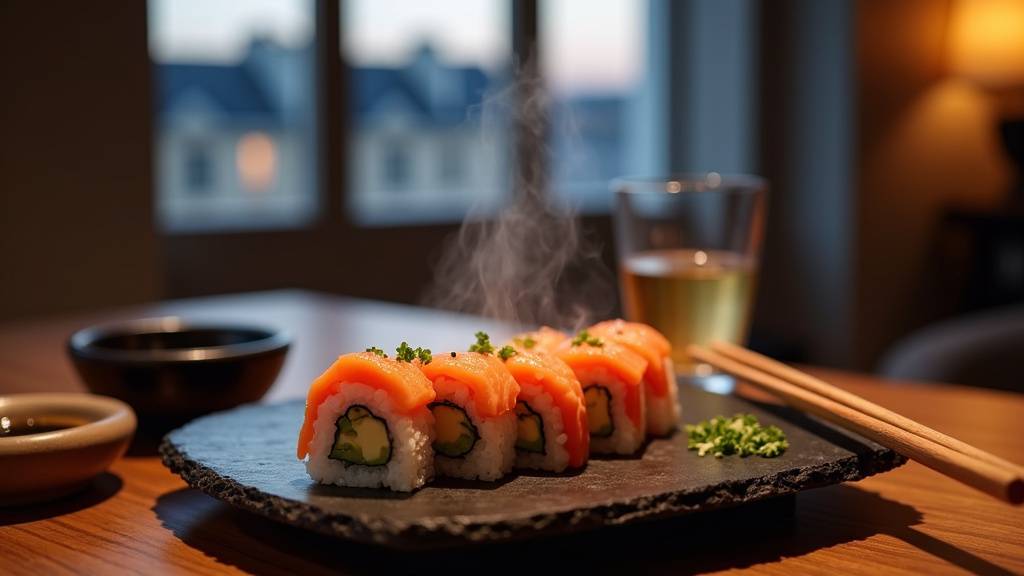 Livraison de sushis dans une boîte en carton sur une table de cuisine