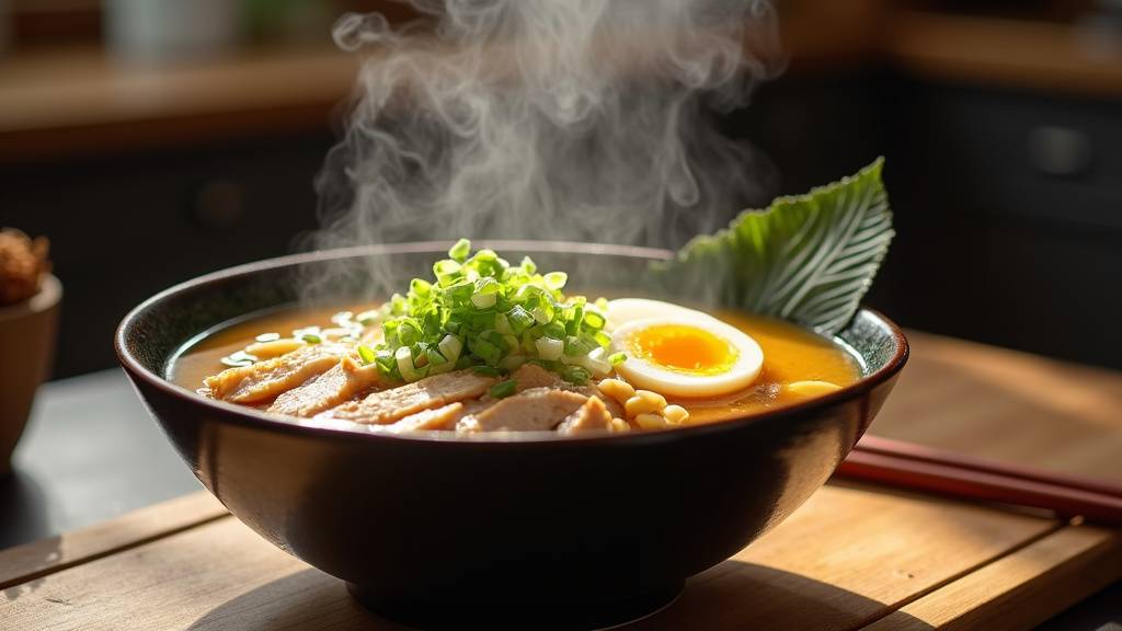 Bouillon de ramen poulet fumant dans une casserole