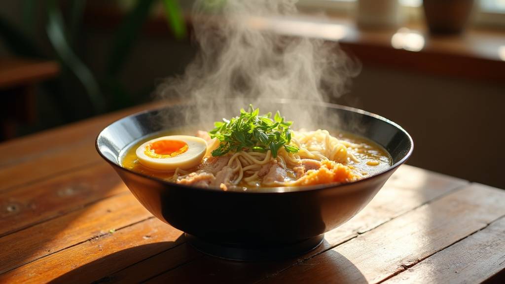 Bol de ramen poulet savoureux avec œuf mollet et légumes colorés