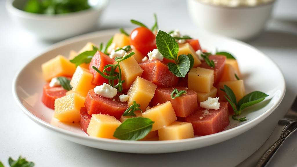 Salade melon jambon cru fraîche et colorée