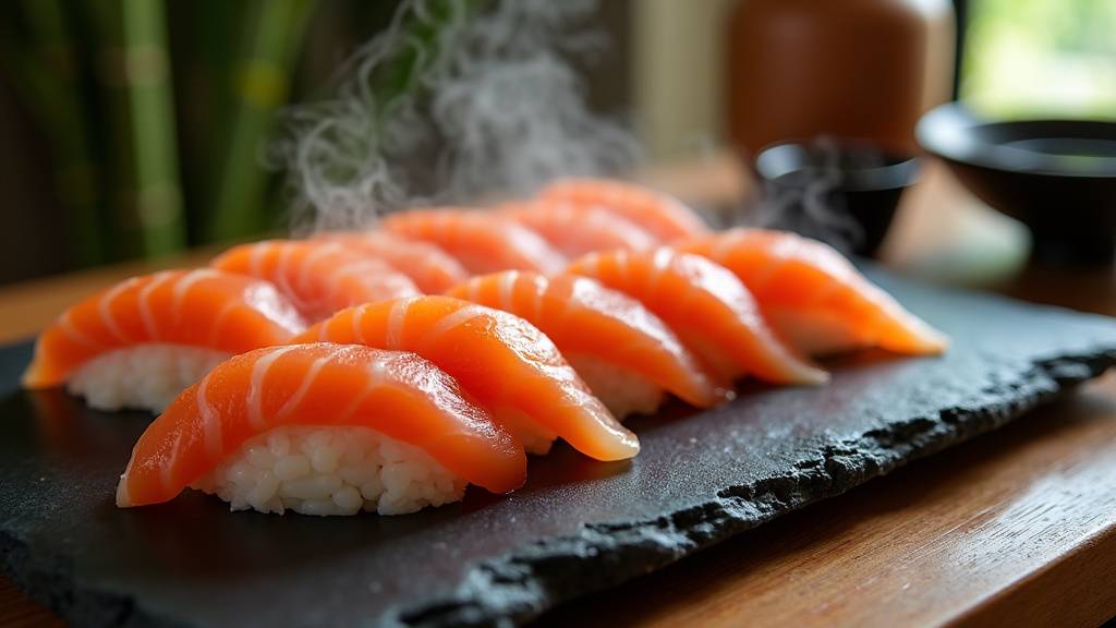Ingrédients essentiels pour sushis : riz japonais, saumon frais, vinaigre de riz, algue nori