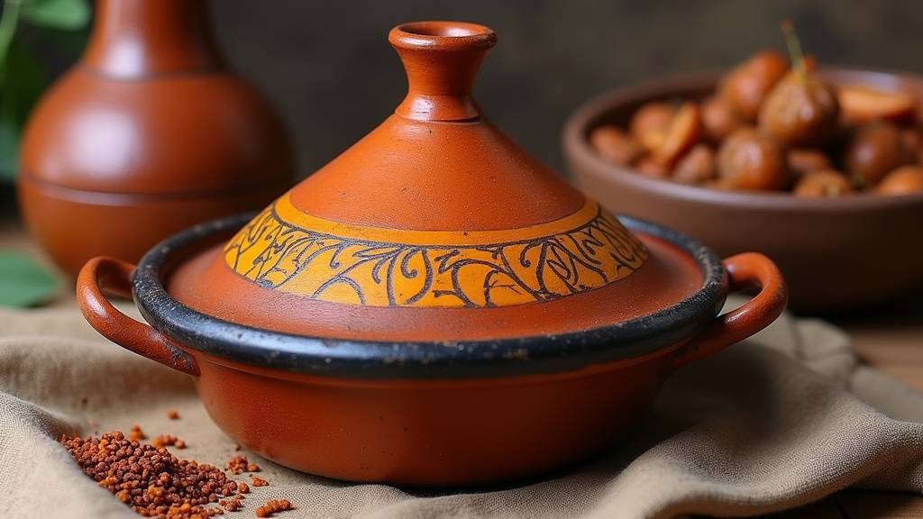 Un tajine en terre cuite magnifiquement décoré sur une table.